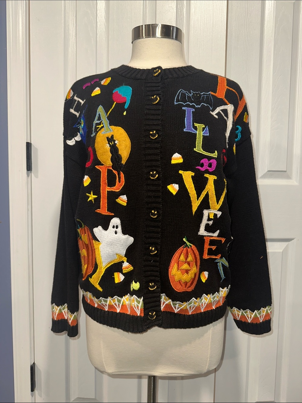 Tiara International Vtg Womens Knitted Happy Halloween Sweater Cardigan